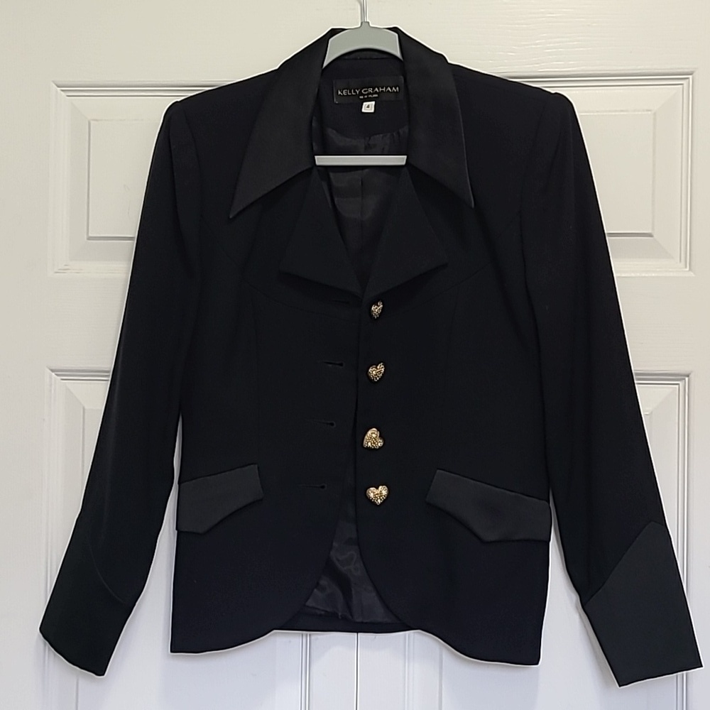 Kelly Graham New York Satin‎ Black Tuxedo Blazer Size 4 Gold Heart Bling Buttons - Picture 9 of 17